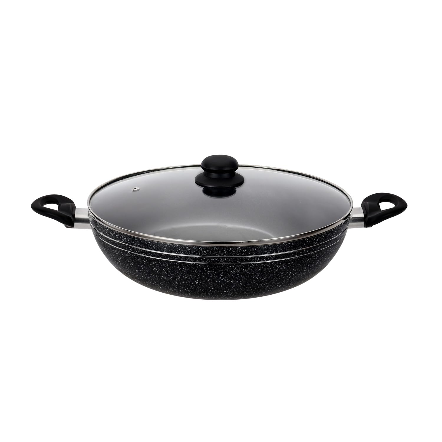 Royalford Aluminium Wok Pan, 26 CM | Induction Safe Frying Pan with Non-Stick Coating & Tempered Glass Lid | Saute/Frying pan with Heat-Resistant Handle | Stir Fry Cookware Pan, PFOA