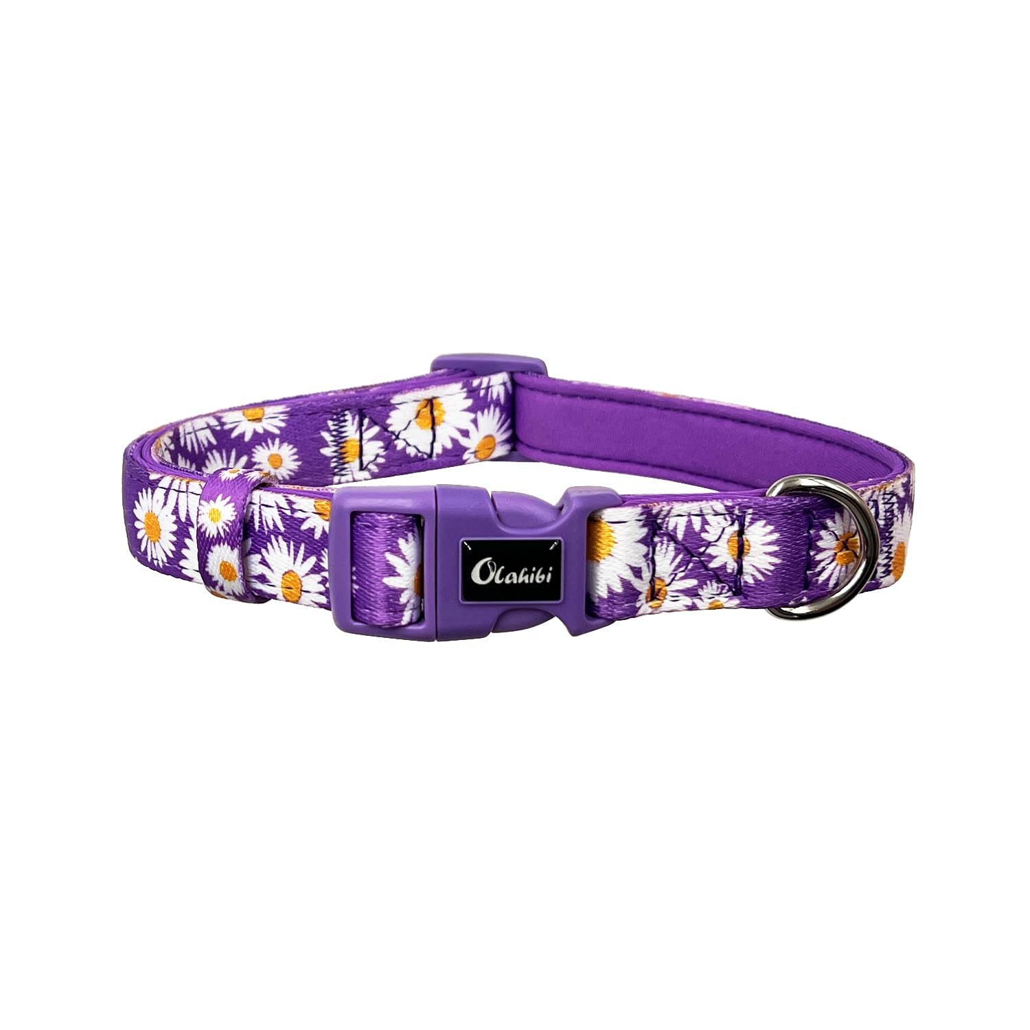 Olahibi Basic Dog Collar, Polyester Webbing Padded with Soft Neoprene, Daisy Pattern, for Large Dogs.(L, Purple Daisy) — image 1