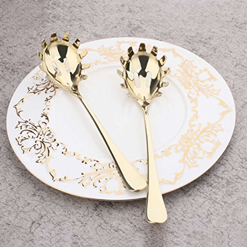 2 Piece Spaghetti Pasta Fork Noodle Serving Spoon Drains Serves Set 9.8-inch Stainless Steel Kitchen Tool Dishwasher Safe (Gold)