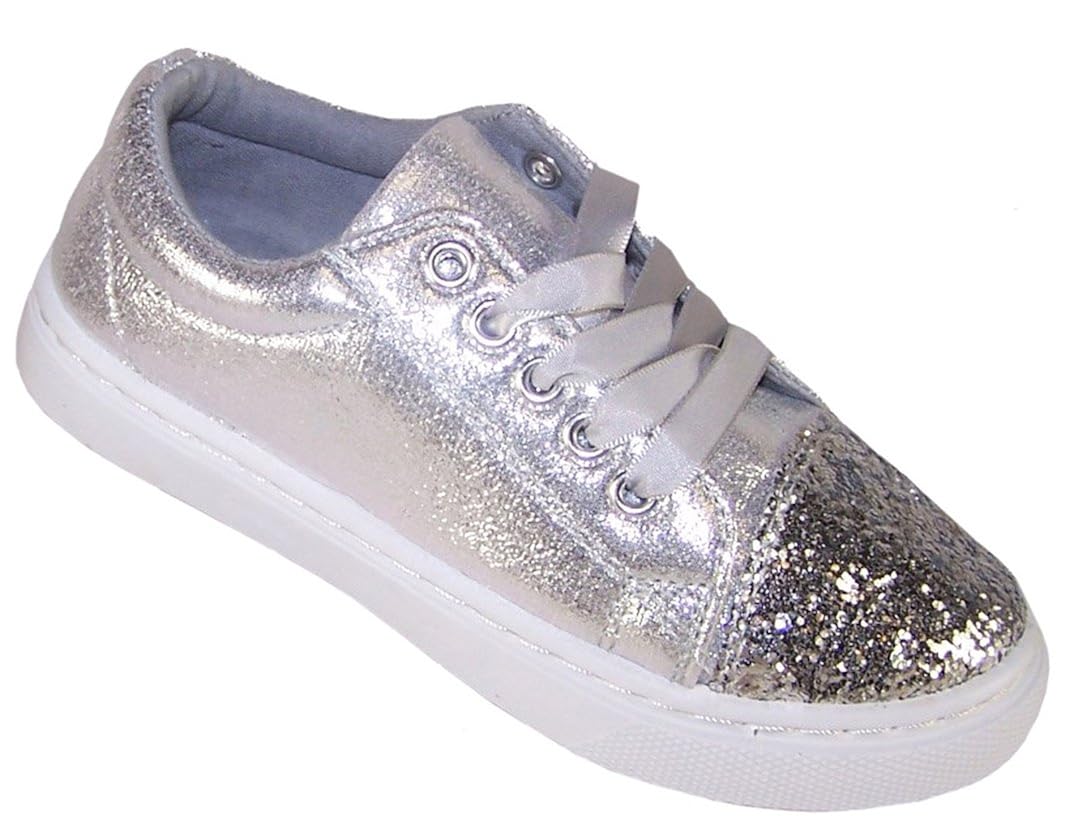 Girls Children Kids Silver Glitter Sparkly Skater Shoes Trainers Size 2