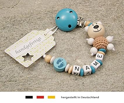 Baby SCHNULLERKETTE mit NAMEN | Schnullerhalter mit Wunschnamen - Mädchen & Jungen Motiv Bär und Babyfuss in türkis