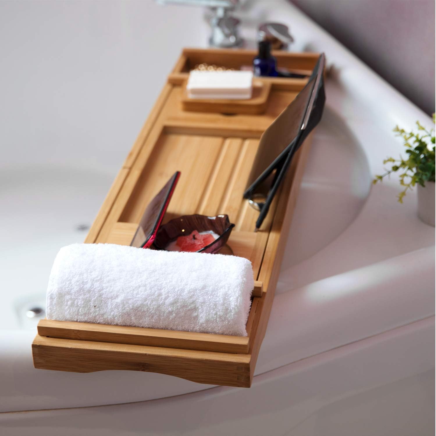HYNAWIN Bamboo Bathtub Tray Rack for Tub Adjustable Bathroom Bathtub Caddy with Expandable Sides Organizer for Tub-Holder for Wine Glass,Reading Rack, Tablet Holder, Cellphone: Home & Kitchen