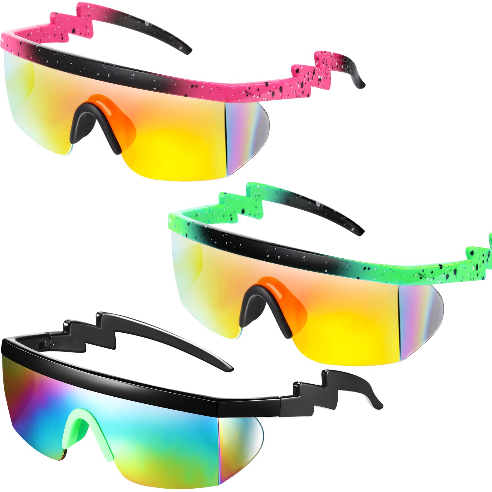 Photo 1 of 3 Pairs Neon Retro Semi Rimless Sunglasses 80s 90s Zigzag Sunglasses Colored Transparent Lens Sun Glasses for Men Women (Bright Color)