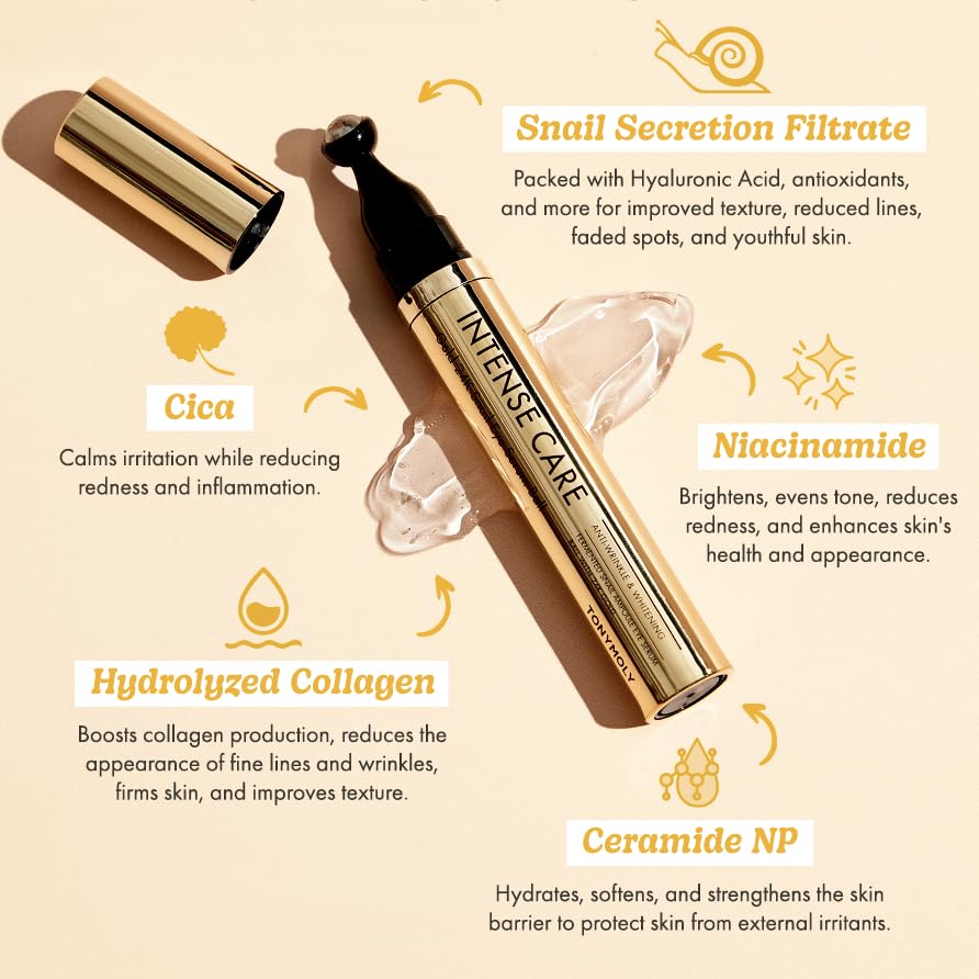 Tonymoly Intense Care 24K Gold Snail Eye Serum – Anti-Aging, Reduces Puffiness, Dark Circles & Wrinkles – Hyaluronic Acid & Peptides – 360° Eye Roller, 20ml
