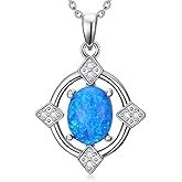 MOTIEL S925 Sterling Silver Oval Blue Opal with Genuine Diamond Pendant Necklace Dainty Opal Jewelry Gift Birthday Anniversary for Women