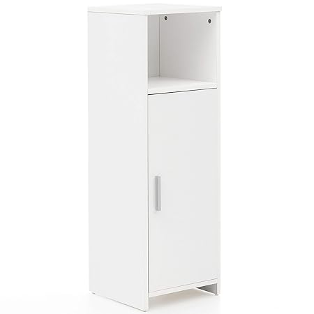 FineBuy Badschrank 30 x 95,5 x 30 cm Weiss Holz mit Tür und Ablagefach | Kleiner Bad-Schrank Beistellschrank Stehend | Badreg