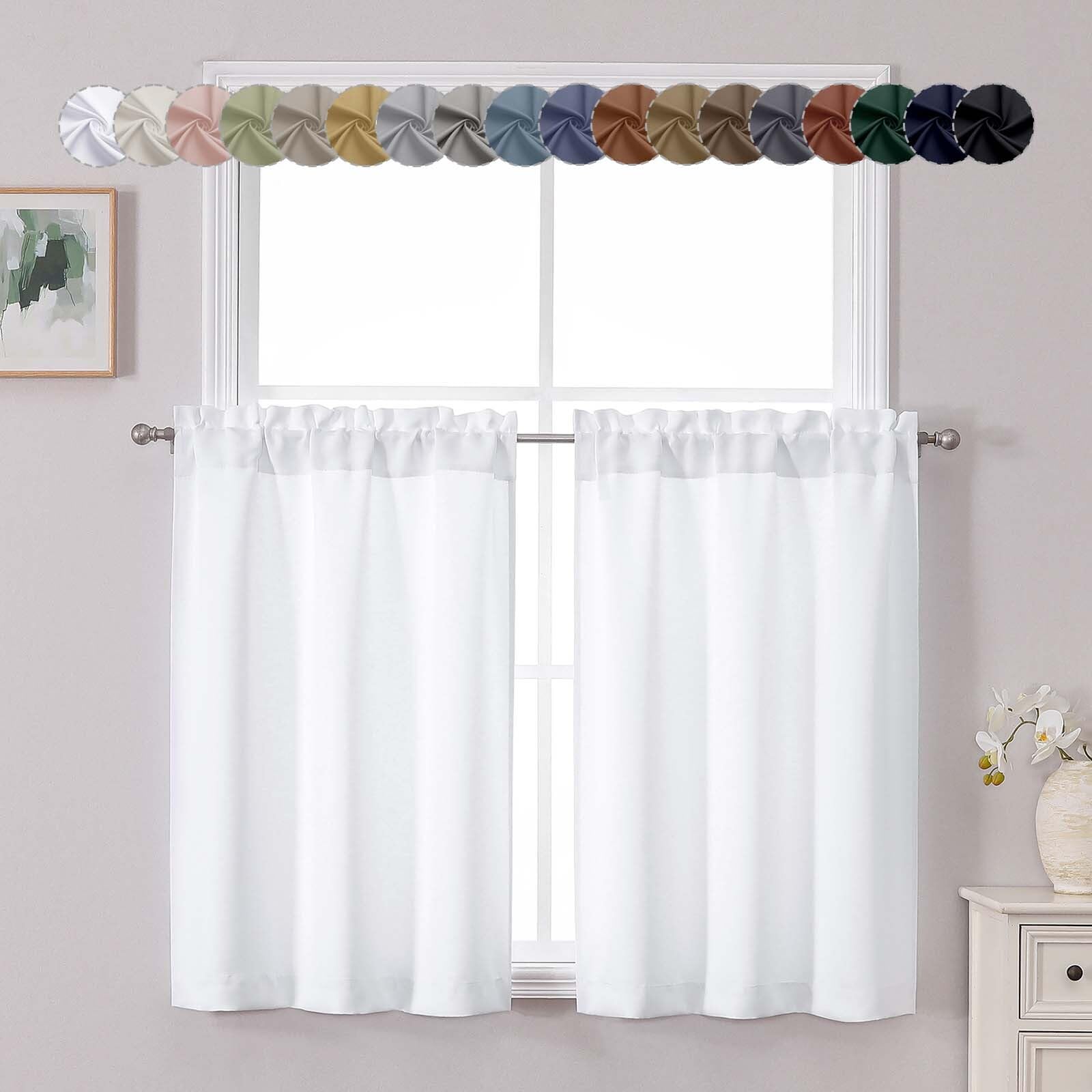 Photo 1 of Chyhomenyc Light Filtering Short Curtains 36 Inch Length, Small Kitchen Curtain Tiers Over Sink, Half Window Cafe Curtain Tier for Bathroom Basement Cabinet Camper, 2 PCS, Each 30" Wx36 L, Pure White