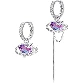 Bellitia Jewelry 925 Sterling Silver Heart Shaped Asymmetrical Earring Dangle Earrings for Women with Color Changing Crystal Gemstone