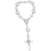 One Decade Car Rosary with St. Benedict Medal Catholic Auto Rear View Mirror Charm Pink Glass Beads Spiritual Protection Pendant Religious Car Accessories for Men and Women