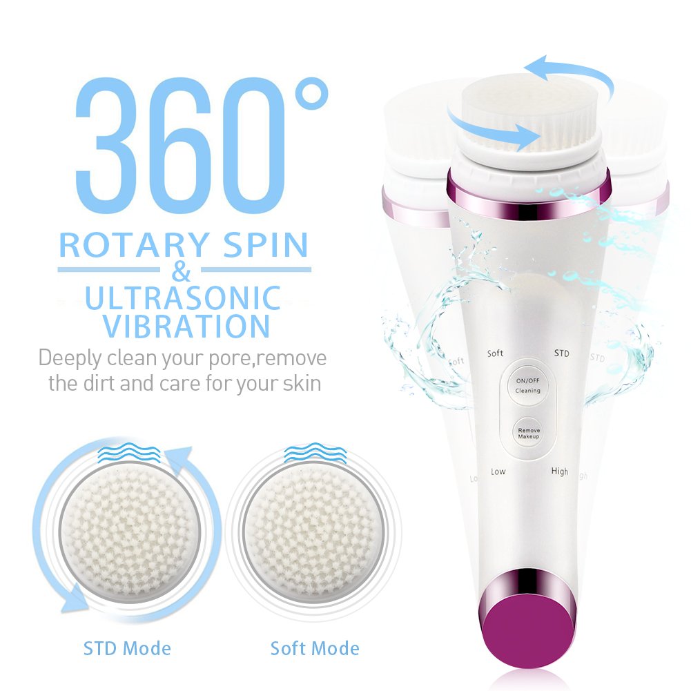 Vibrating Sonic Facial Cleansing Brush Waterproof Electric Face Washing Machine with 3 Brush Heads 1 Remover Head for Deep Makeup Remover Pore Cleaning Facial Care-Bonus A Cleansing Brush Holder