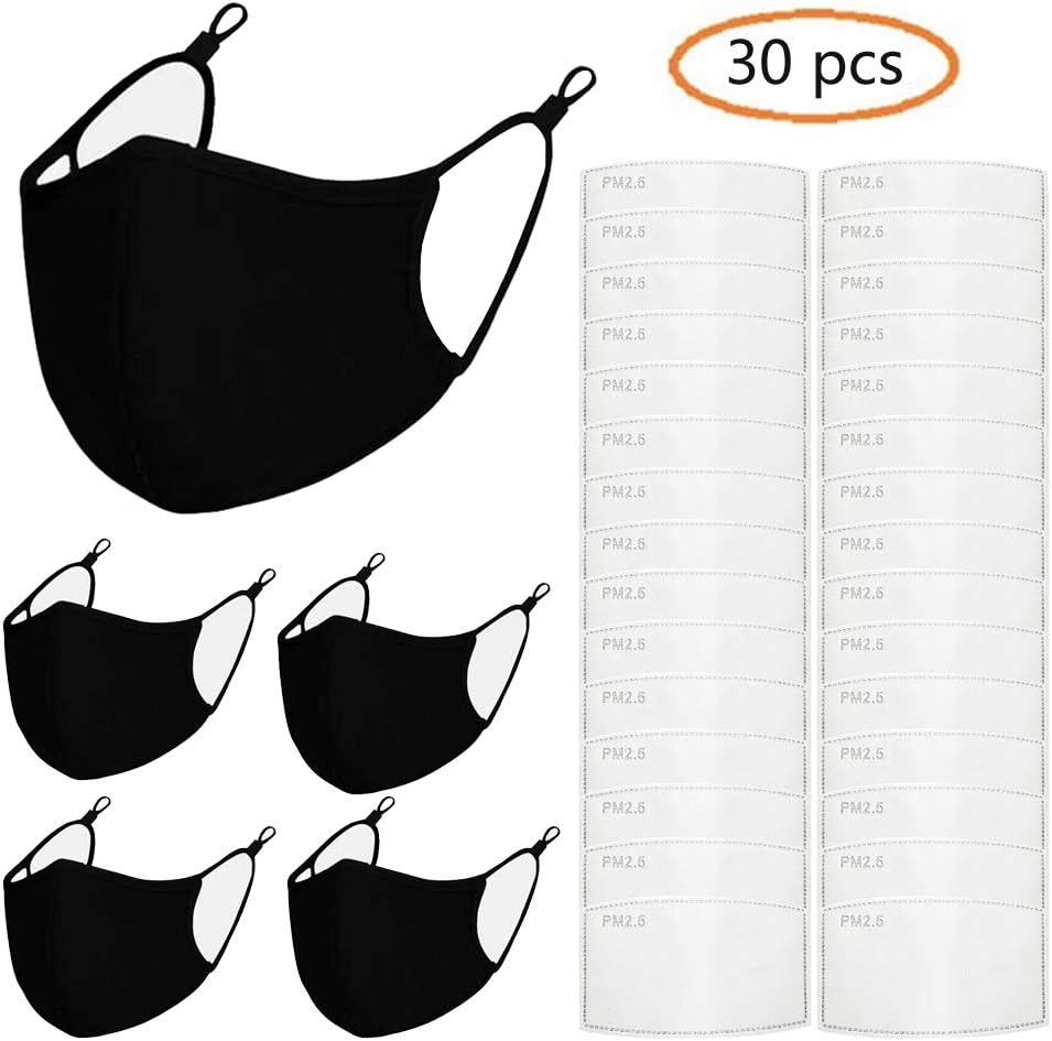 5 Pack Washable Cotton Face Masks With 30 Pcs Replaceable Mask Filter, Anti Dust Face Mouth Masks Particulate Mask for Smoke, Black Face Mask for Cycling, Sport, Travel, Daily Life
