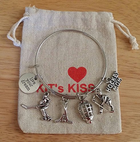 Kit's Kiss Hockey Bracelet, Hockey Jewelry, Hockey Mom Bracelet, Hockey Charm, Player Charm, Hockey Helmet Charm, Hockey Stick Charm, Gift for Hockey Fans, Sports Bracelet, Hockey Bangle Bracelet - Thumbnail 2
