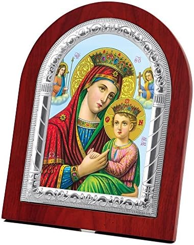 FengMicon Icon of Virgin Mary and Baby Christ Wooden Back with Metal Trim Frame Christian Icon Catholic Gift