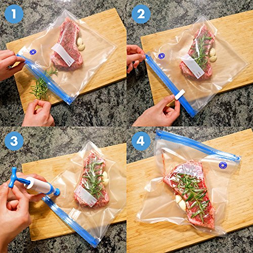 Sous Vide Bags Kit for Anova or Joule Cookers - 18 Reusable Food Vacuum Sealer Bags, 1 Hand Pump, 2 Bag Sealing Clips and 4 Sous Vide Clips - Practical for Food Storage and Cooking BPA Free - Thumbnail 2