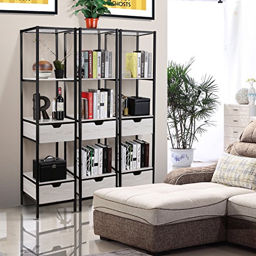 HOMFA Living Room Free Standing Shelves, 4-Tier Storage Shelf Organizer Rack with 2 Wood Drawer, Durable Functional Modern Furniture Decor for Home Office