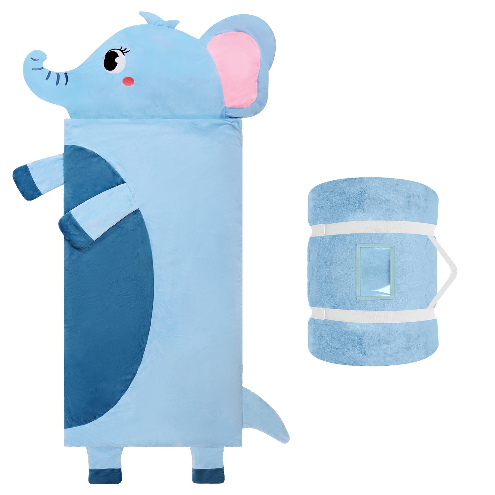 Kids Sleeping Bag with Pillow,Nap Mat for Toddler Boys Girls,Warm Plush Elephant Toddler Slumber Bag 170x70cm,Roll Up Large Kids Sleeping Mat with Double Zip for Bedroom Daycare Kindergarten,Blue — image 1