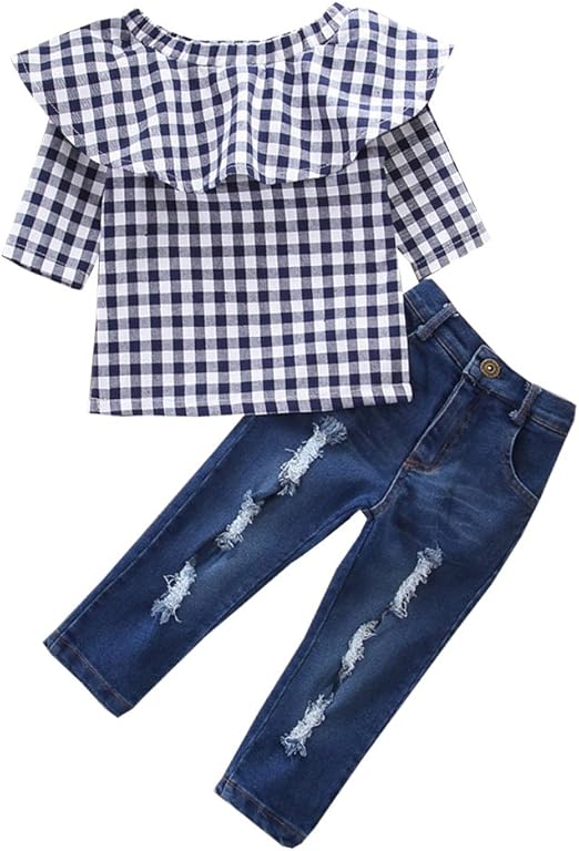 NEW Baby boys Pure cotton plaid short-sleeved shirt jeans out//2pc Fit 2-7T