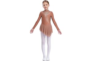Miutii Figure Skating Dress for Girls Long Sleeve Rhinestone mesh Back Zipper Dance Gown Latin Jazz Stage Performance