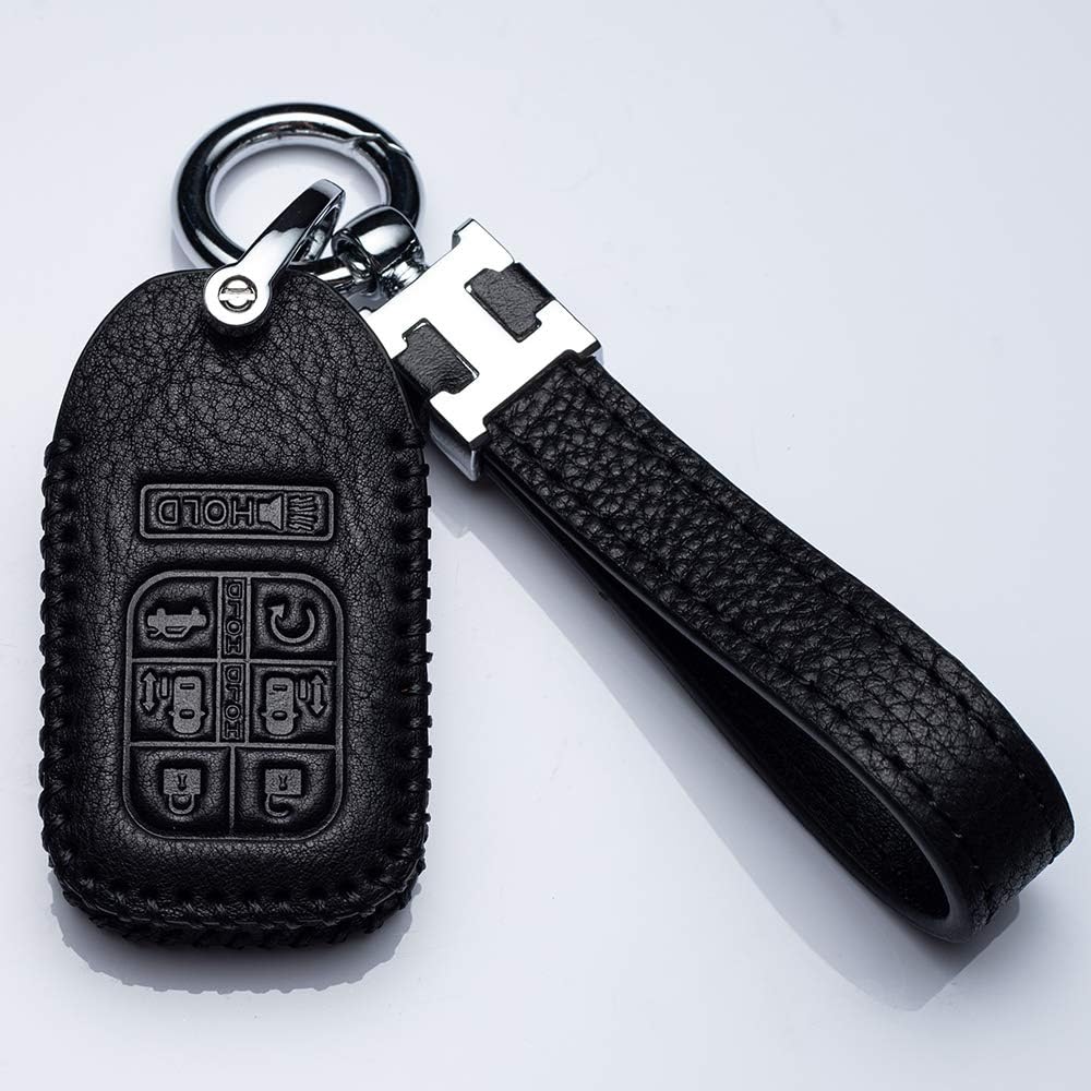 Hey Kaulor Car Key Cover Genuine Leather Smart Key Keyless Remote Entry Fob Case Cover with Key Chain for 2014-2019 Honda Odyssey 7 Buttons