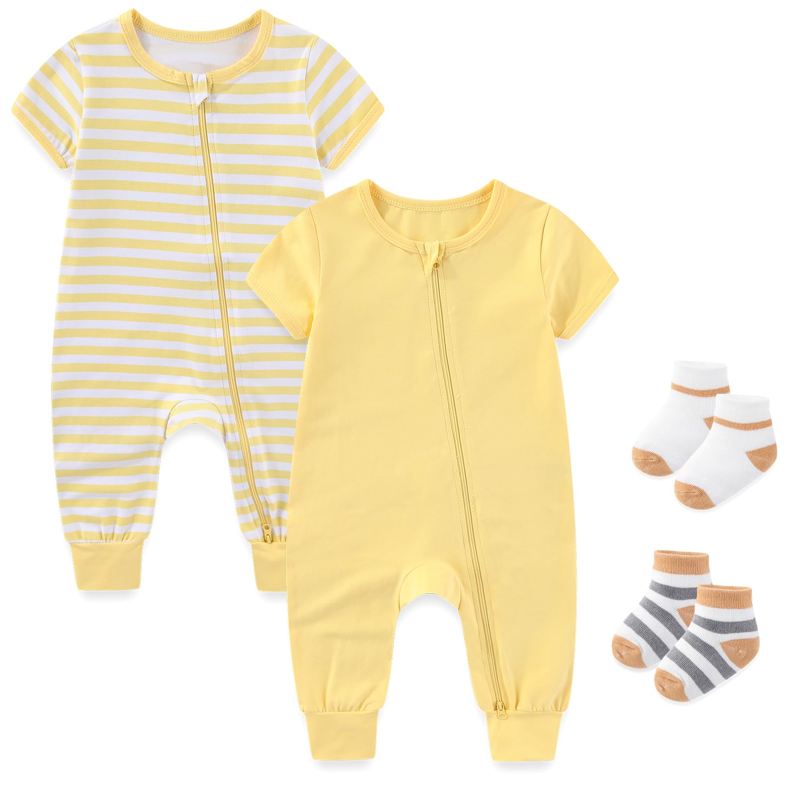 Photo 1 of ***MISSING SOCKS*** falianni Baby Boy Girl 2-Pack Rompers with Socks 0-18M Toddler Unisex Zipper Short Sleeve Jumpsuits Clothes