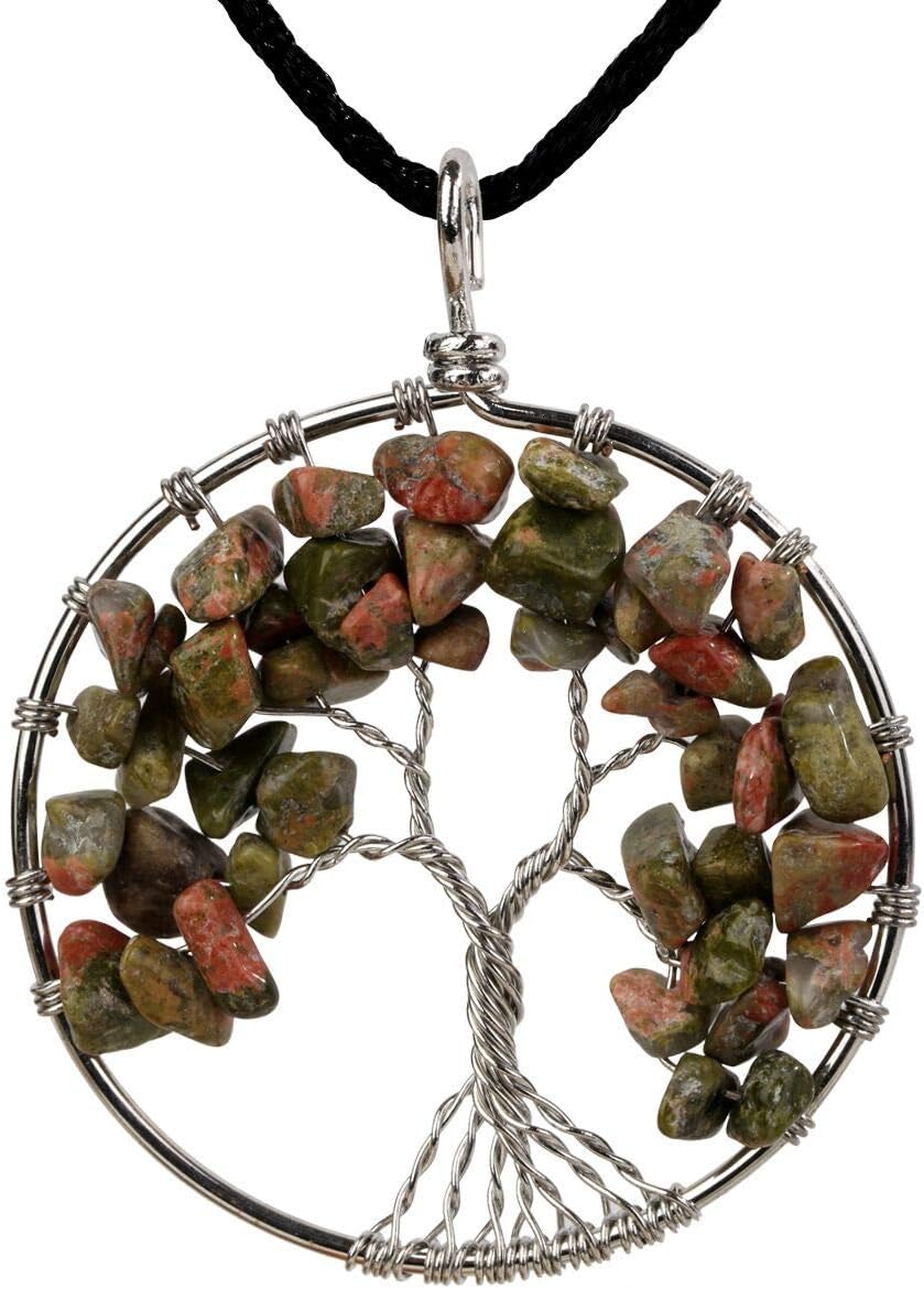YACQ Tree of Life Gemstone Cluster Pendant Necklace Wire Wrapped Healing Chakra Spiritual Raw Stone Tumbled Handcrafted Jewelry for Women 18"+2"