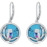 PEIMKO 925 Sterling Silver Turquoise Exquisite Owl Dangle Earrings Boho Style Drop Earrings Jewelry Gifts for Women Mother