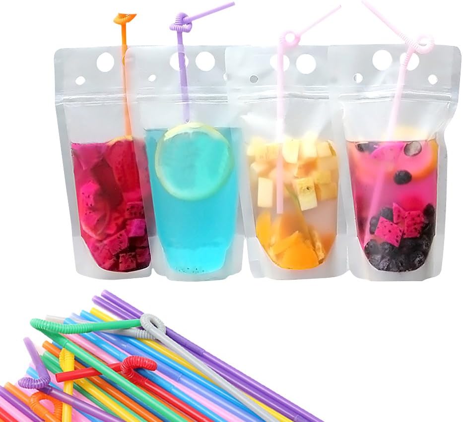 Mallalah 100 Pack Clear Drink Pouches Bags with Straws Plastic Pouches Bags Drinking Bags