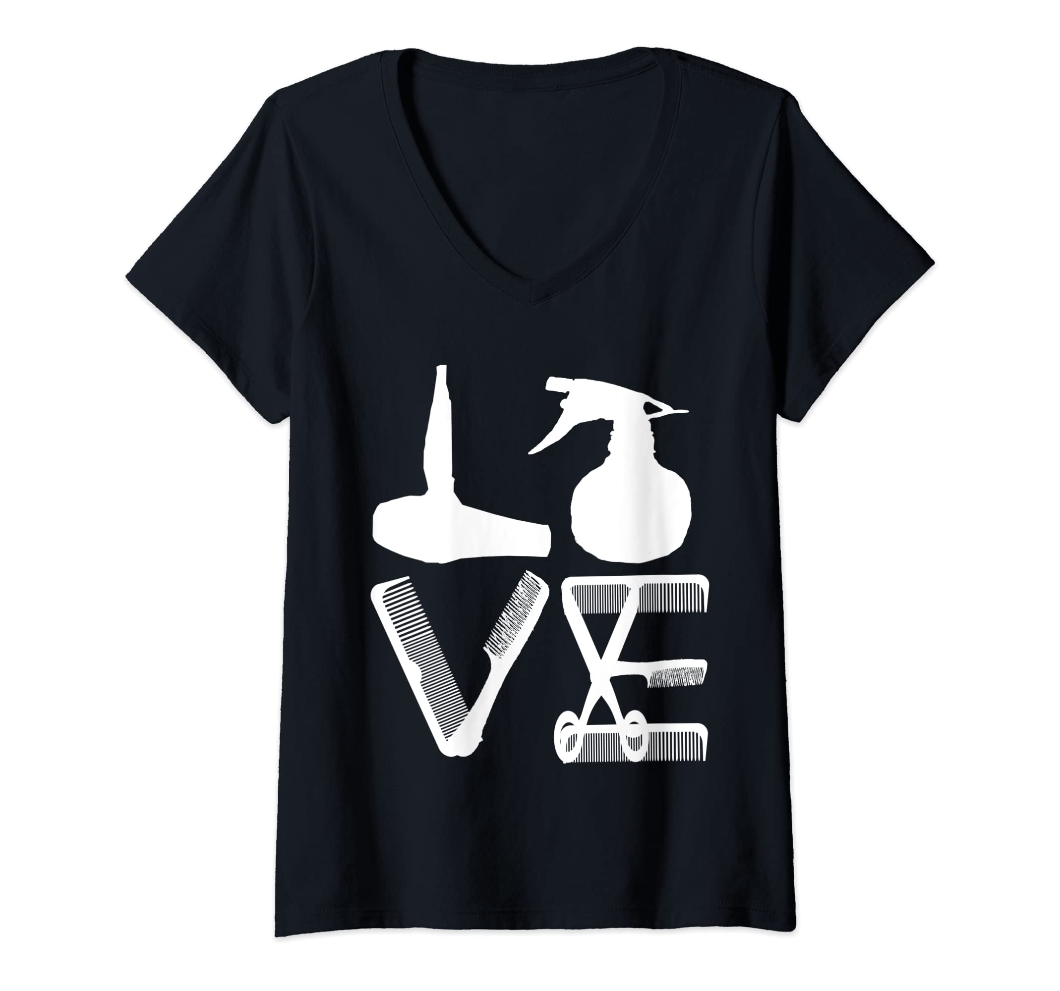 Womens Hairdresser Love Hairdryer Scissors Barber Hair Brush V-Neck T-Shirt