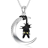 LWXIE Diamond Bat Necklace Sterling Silver Halloween Moon Bat Pendant Necklaces with Lab Grown Diamonds Halloween Jewelry Gift for Mom Wife