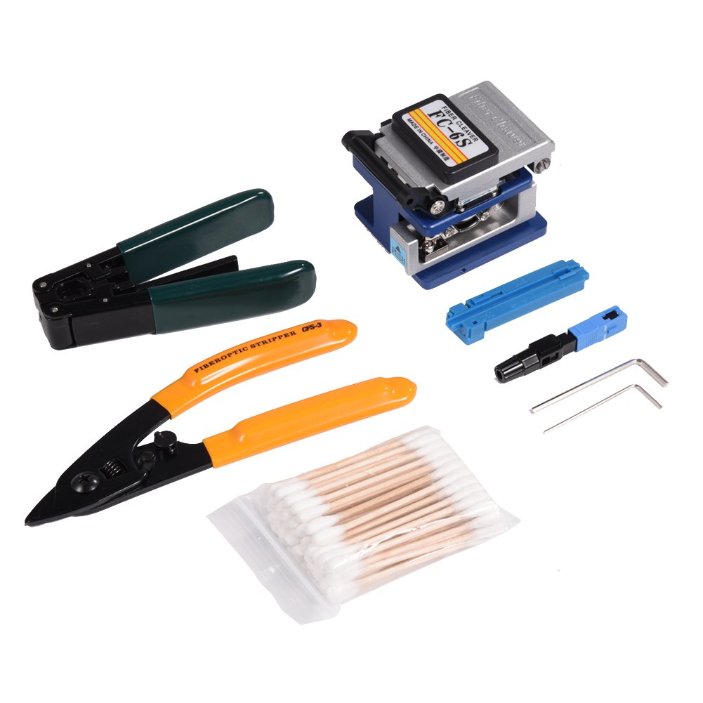 Yosoo FTTH Tool Kit Contains Fiber Cleaver FC-6S, Fiber Optic Stripper CFS-3, Fiber Optic Stripping Tool Plier, Fiber Coating Stripper Cutting Guider, Large Medium Small Hex Wrench, Cotton Swabs