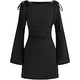 CIDER Bow Ruched Mini Dress for Women Boat Neck Long Sleeve Bodycon Party Cocktail Dresses