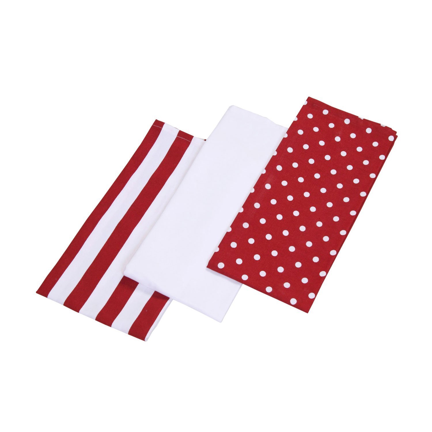 HOMESCAPES - Pure Cotton Tea Towels Set of Three - Polka Dot - Red White - 50 x 70 cm - Fully Coordinated Washable Kitchen Linen