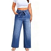 Eytino Plus Size Wide Leg Jeans for Women Elastic High Waist Stretchy Belted Denim Pants with Pockets(1X-5X)
