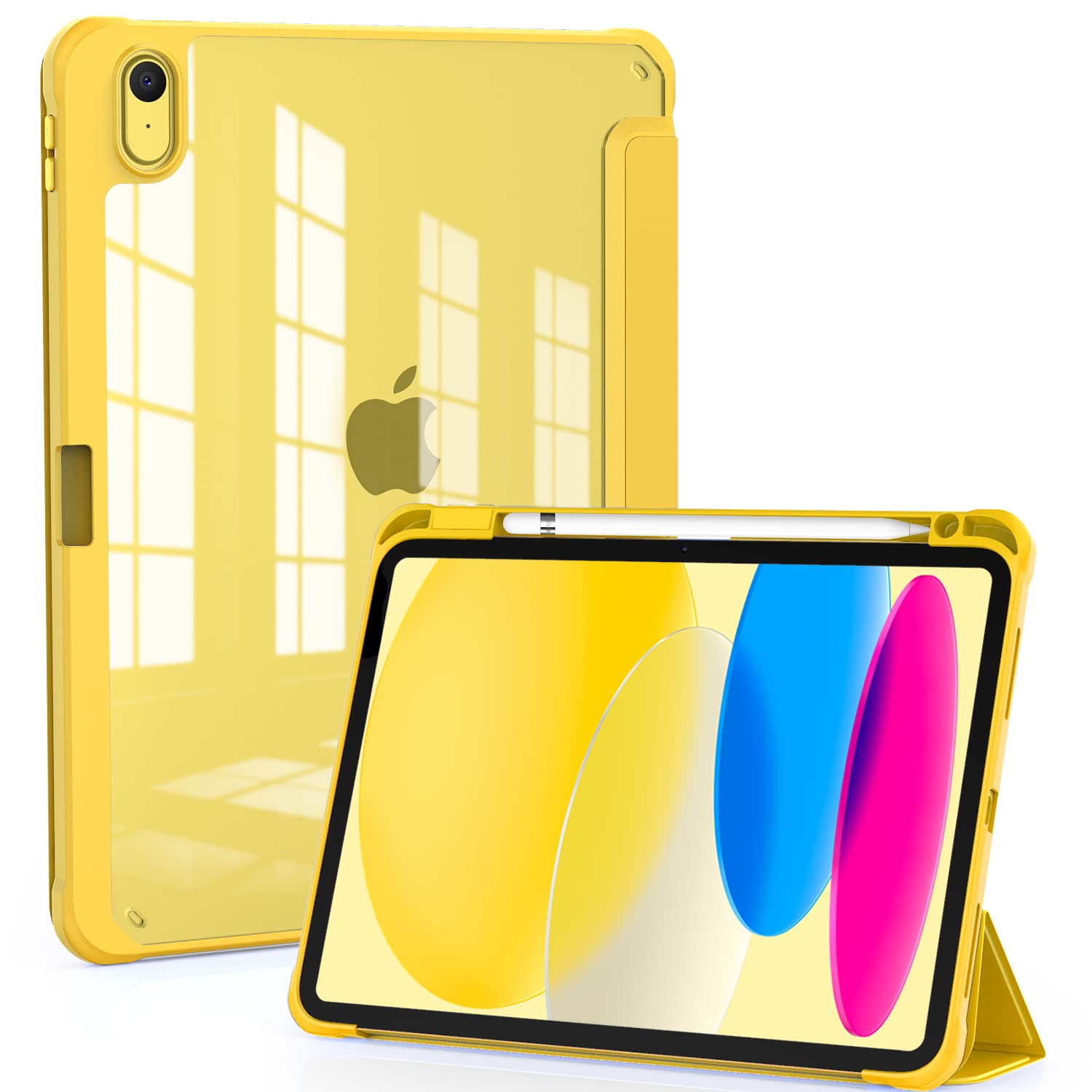 for New iPad 10th Generation Case 2022, ipad 10 th gen Case with Trifold Stand, Auto Wake/Sleep, ipad 10.9 inch Protective Cover with Slim Lightweight Clear PC Back Shell for Women Men, Yellow
