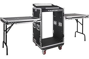 Sound Town Heavy-Duty 1/2" (12mm) Plywood 16U PA DJ Rack/Road ATA Case with 11U Slant Mixer Top, 20" Rackable Depth, 2 DJ Work Tables and Casters, Pro Tour Grade (STMR-16UWT2)