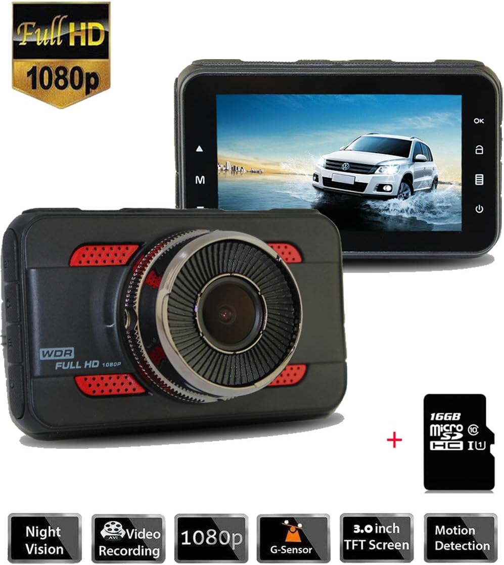 FOMEIL 1080p HD Dash Cam, 3" LCD 170° Wide Angle Car DVR, with G-Sensor/Parking Monitoring/Motion Detection/Loop Recording (TF Card Included)