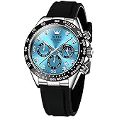 OLEVS Men Analog Quartz Waterproof Watches Multifunction Chronograph Diamond Moon Phase Luminous Silicone Band Wrist Watches