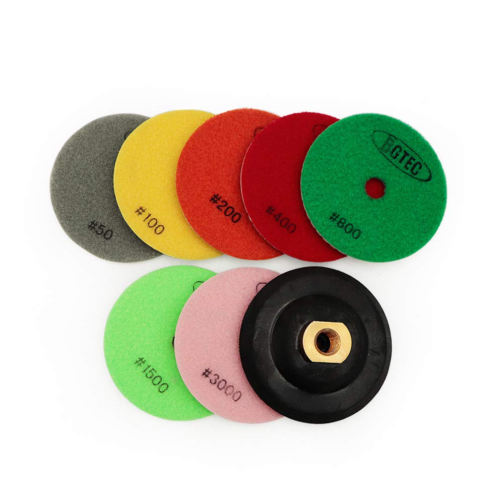 BGTEC Diamond Wet Polishing Pads 100mm 4 Inch for Marble Stone Quartz Tiles Concrete 7pcs Pads Mixed Grits with 1pc M14 Rubber Backer