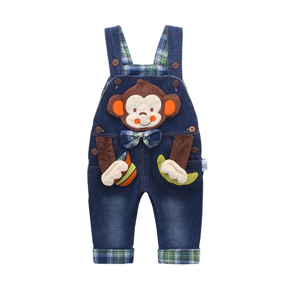 KIDSCOOL SPACE Baby Boy Girl Jean Overalls,Toddler Denim 3D Monkey Dungarees Pants,Blue,2-3 Years