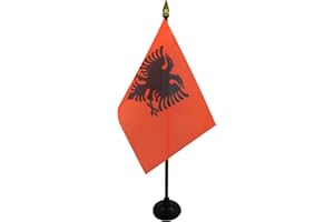 AZ FLAG - Albania Table Flag 4'' x 6'' - Albanian Mini Desk Flag 100% Polyester 15 x 10 cm - Office Banner with 10'' Pole - Golden Spear