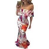 Suimiki Vintage Ruffle Plain Floral Printed Off Shoulder Bodycon Long Party Maxi Dress Orange Small