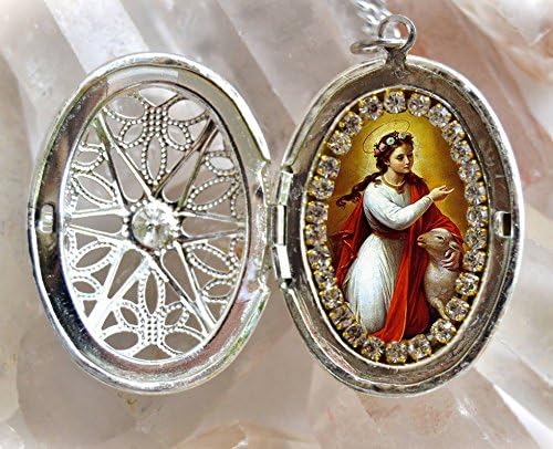 Saint Agnes Handmade Locket Necklace Catholic Christian Religious Jewelry Medal Pendant