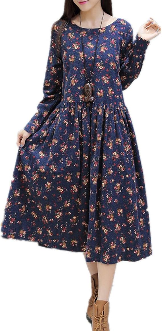 Amazon Snolyni Jp レディースワンピース 森ガール 長袖 綿麻 花柄 春秋ワンピース ナチュラル系 大きいサイズ マキシ ワンピース カジュアル ゆったり L ネイビー ワンピース チュニック 通販