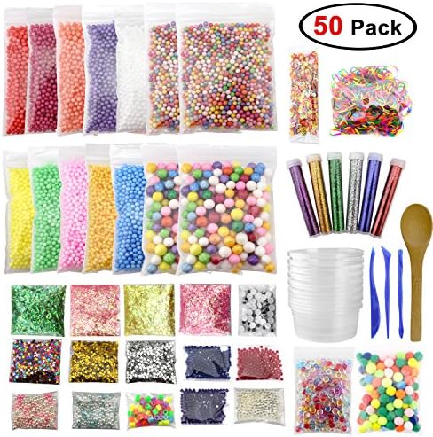 50 Pack Mega Slime Making Kit Including Foam Balls, Fishbowl Beads, Water Beads, Slime Containers, Fruit Slices, Glitter, Pearl, Sugar Paper, Loom Bands, Slime Tools for Slime Making Arts DIY Craft