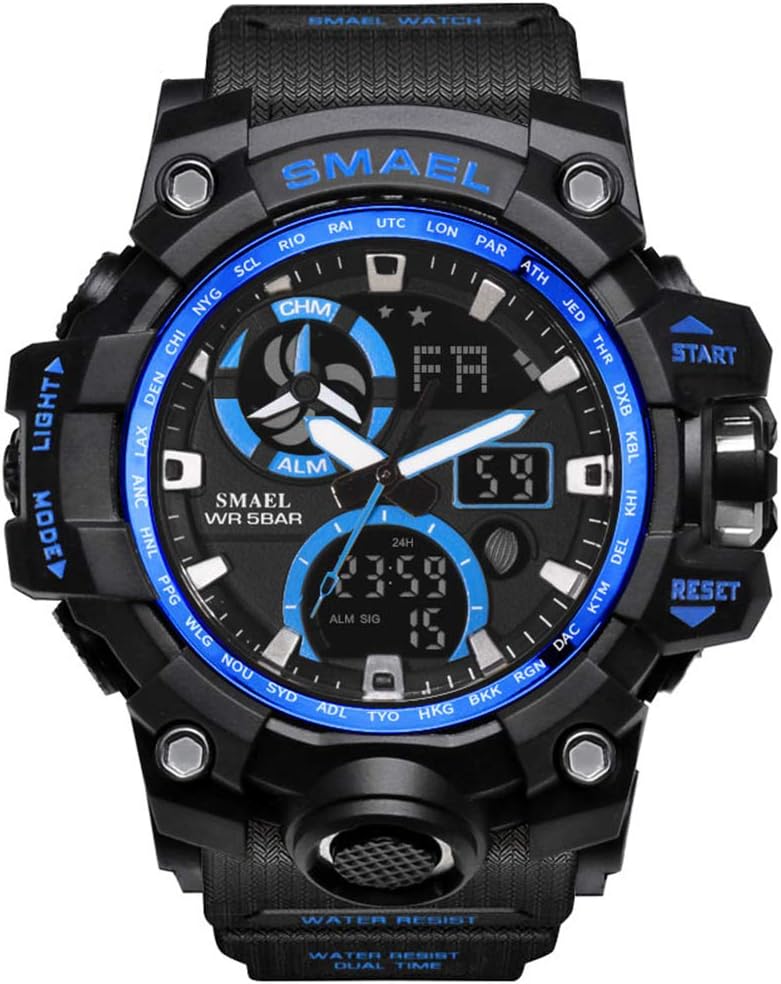 SMAEL Men's Sports Analog Quartz Watch Dual Display Waterproof Digital Watches with LED Backlight relogio masculino (Black Blue)