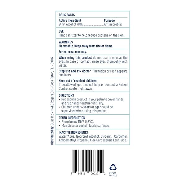 BLINC – ANTIBACTERIAL HAND SANITIZER WITH MOISTURIZING GEL, INFUSED WITH ALOE VERA, 5FL OUNCES, 8 BOTTLES