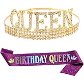 ALRBE TIN Queen Crown Sash Set for Women Birthday Gold Tiara and Purple Sash for Sister Women Girls Birthday Party Favors Decorations for Women Birthday Gifts