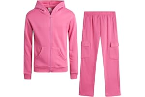 Real Love Girls Sweatpants Set - 2 Piece Soft Fleece Zip Up Hoodie and Flare Cargo Girls Pants Kids Activewear Set (7-16)