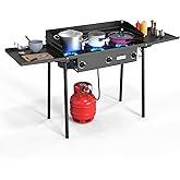 ROVSUN 3 Burner Gas Stove with 2 Side Shelves, 225,000BTU Portable Propane Stove with Removable Leg, Wind Panel, Regulator fo