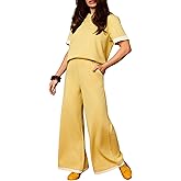 Tanming Women's 2 Piece Matching Lounge Set Short Sleeve Knit Pullover Tops Wide Leg Pants Tracksuits